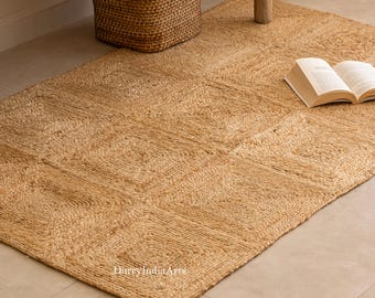 Natural Jute Rug Jute Braided Rug Bohemian Jute Rug Rectangular Jute Rug, Boho Decor Rug, Jute Area Rug, Square Jute Rug Custom Size Rug