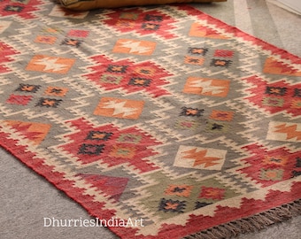 Wool and Jute Rug Handmade, Kilim Dhurrie Rug, Traditional Indian/Wool Jute Rug, Kilim Dhurrie Rug, Housewarming Kilim Rug