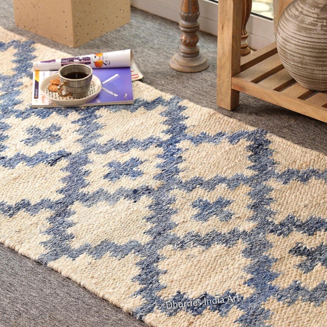 Handwoven Jute Runner Rug, Blue Pattern, Eco Friendly - Etsy