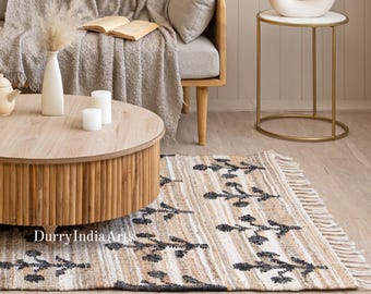 Dywan z juty bawełnianej w kwiaty - Dywan z juty bawełnianej w diamenty | Dywan o nieregularnym kształcie | Naturalny beżowy dywan z juty bawełnianej | Dywan bawełniany w stylu vintage | Niestandardowy rozmiar