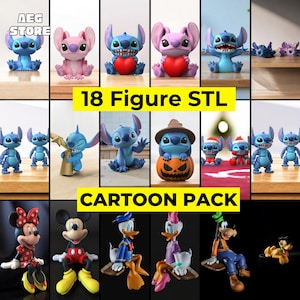 May include: A collection of 18 cartoon character figures, including Stitch, Minnie Mouse, Mickey Mouse, Donald Duck, Daisy Duck, and Goofy. The figures are in various poses and colors, with some wearing holiday-themed outfits. The text "18 Figure STL" and "CARTOON PACK" is displayed.