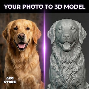 May include: Image showing a Golden Retriever dog next to a 3D model of the same dog. The dog is golden brown with a pink tongue. The 3D model is gray and detailed. Text at the top reads "YOUR PHOTO TO 3D MODEL". The logo "AEG STORE" is at the bottom.