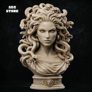 Puede incluir: Un busto esculpido en color beige de Medusa con una cabeza de serpientes entrelazadas, detalles de piel texturizada y una prenda drapeada. La base muestra un emblema circular con un rostro y patrones griegos. El texto AEG STORE es visible arriba a la izquierda.