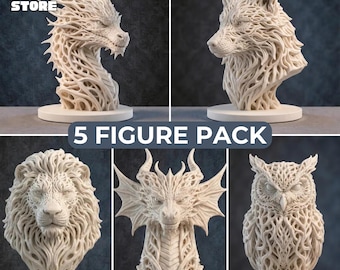 5 Detailed Animal Bust 3D Models Pack, Dragon, Wolf, Lion, Owl Figures (STL)