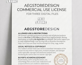 Licencia comercial, 3 archivos STL para venta de productos físicos, licencia para venta de figuras físicas, se requiere crédito y enlace a la tienda.