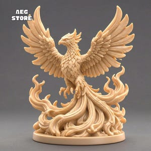 May include: A beige-colored phoenix sculpture with outstretched wings and a fiery tail. The sculpture has intricate details, including feathers and flames. The base is round, and the text "AEG STORE" is visible in the upper left corner.