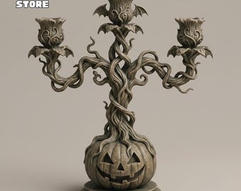 May include: A grey, three-armed candelabra featuring a carved pumpkin base with a jack-o'-lantern face. The arms are shaped like twisted vines with bat-winged rose-shaped candle holders. The text AEG STORE is visible in the upper left corner.