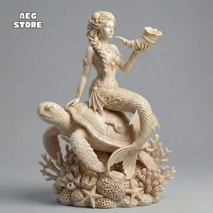 Detailed Mermaid Statue STL File, Turtle Rider 3D Model
