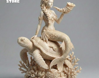 Archivo STL de estatua de sirena detallada, modelo 3D de jinete de tortuga