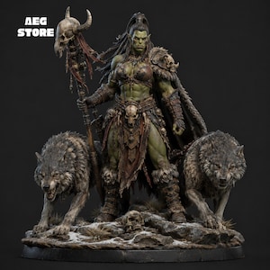 Bestienmeisterin Ork-Königin STL-Figur, Weiblicher Kriegsherr Miniatur mit Wölfen (STL-Datei)