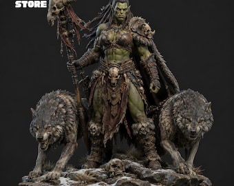 Beastmaster Orc Queen STL Figure, Female Warlord Miniature with Wolves (STL File)