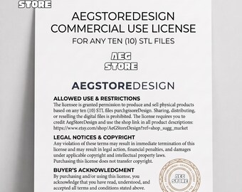 Licencia comercial, 10 archivos STL para venta de productos físicos, licencia para venta de figuras físicas, se requiere crédito y enlace a la tienda.