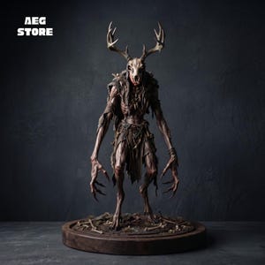 May include: A brown, humanoid creature figurine with a deer skull head and large antlers, standing on a circular wooden base scattered with small bone fragments. The figure has long, clawed hands and tattered clothing. Text reads AEG STORE.