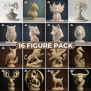 Paket med 16 detaljerade djurfigurer, drake, varg, griffin, utsmyckade byster (STL)