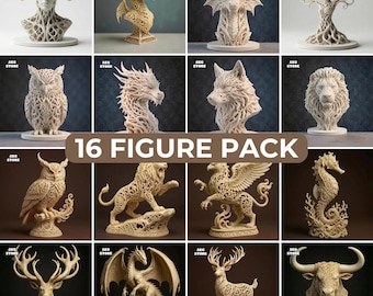 16 Detailed Animal Figures Pack, Dragon, Wolf, Griffin, Ornate Busts (STL)