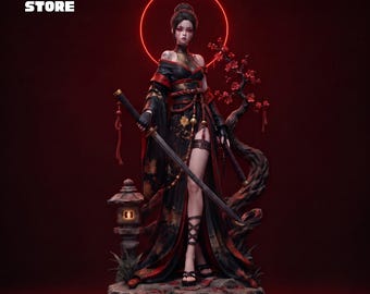 Female Oni Warrior Statue STL File, 3D Printable Model, Japanese Folklore Diorama
