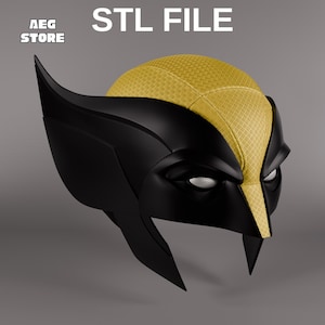 Può includere: Una maschera di Wolverine nera e gialla con la scritta "STL FILE" in alto. La maschera presenta una parte superiore gialla a motivo di diamanti e dettagli neri. Il logo AEG STORE si trova nell'angolo in alto a sinistra.