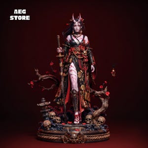 May include: A detailed figurine of a horned character with pale skin and red markings, wearing a black and gold kimono. The figure holds a katana, stands amidst skulls and dark waves, and features the text AEG STORE in the upper left corner.