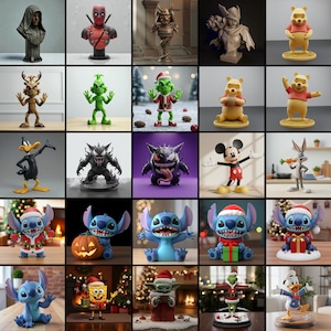 May include: A collection of character figurines, including Deadpool, Stitch, Winnie the Pooh, and the Grinch. The figurines are in various poses and colors, some with holiday themes, and are displayed on a neutral background.