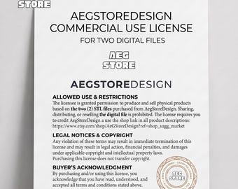 Licencia comercial, 2 archivos STL para venta de productos físicos, licencia para venta de figuras físicas, se requiere crédito y enlace a la tienda.