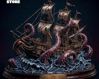 Kraken Attack Ship STL File, 3D Printable Statue Model