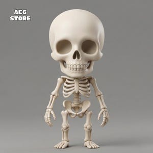 May include: A cream-colored, cartoon-style skeleton figurine with a large head and detailed bone structure. The figurine has a neutral expression and is standing upright. The text "AEG STORE" is in the upper left corner.