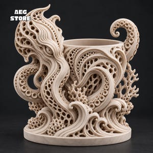 May include: A beige mug featuring an intricate octopus design with textured tentacles and suction cups wrapping around the exterior. The base includes sculpted coral-like elements and wave patterns. The text AEG STORE is visible in the top left corner.