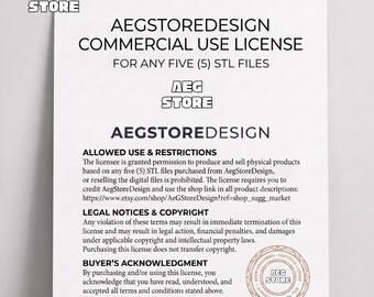 Licencia comercial, 5 archivos STL para venta de productos físicos, licencia para venta de figuras físicas, se requiere crédito y enlace a la tienda.