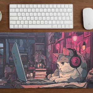 May include: A rectangular mouse mat with an anime-style illustration of a cat wearing headphones and using a laptop. The scene is set in a room with a cozy, warm atmosphere, with a keyboard, mouse, and a cup of coffee on a wooden surface.