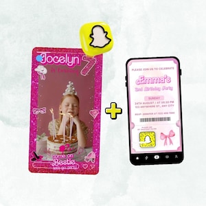 May include: A pink birthday invitation design featuring a photo of a girl with a cake, a Snapchat icon, and a smartphone displaying a party invitation. The invitation includes the text "Jocelyn is turning 7" and "Emma's 2nd Birthday Party."