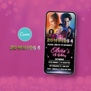 以下が含まれることがあります： スマートフォンには、「Zombies 4」と「Olivia's 5th Birthday」のテキストが入った誕生日招待状が表示されています。招待状には映画のキャラクターの画像が使用されています。背景はピンクと紫のグラデーションです。