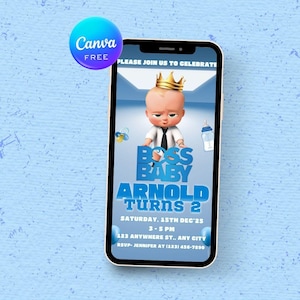 Puede incluir: Un teléfono inteligente muestra una invitación de cumpleaños con temática de bebé. La invitación presenta un bebé de dibujos animados con corona y traje, con el texto "BOSS BABY ARNOLD TURNS 2". La invitación incluye fecha, hora e información de RSVP.