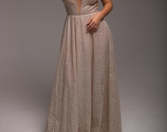 Champagne Sparkly Bridesmaid Dress – Deep V Custom Evening Gown for Wedding Guests & Special Events