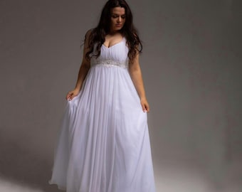 Vestido de novia bohemio, vestido de novia de gasa con cintura imperio, vestido de novia romántico y fluido.