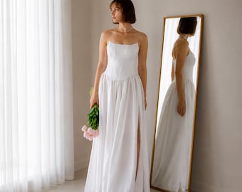 Bescheidenes Korsett Brautkleid - Brautdusche Kleid, elegantes einfaches Hochzeitskleid mit Schlitz