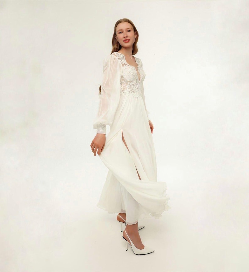 Fairy Lace Wedding Dress, Chiffon Bridal Gown, Modest Elven Maxi Dress Fairy Lace Wedding Dress, Chiffon Bridal Gown, Modest Elven Maxi Dress