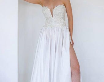Beaded Strapless Corset Top with High Waist Skirt – Bridal Corset Wedding Dress