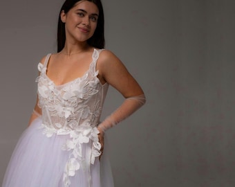 Vestido de novia de encaje floral con falda de tul, vestido de novia con apliques 3D, vestido de novia romántico estilo boho, vestido de novia hecho a medida