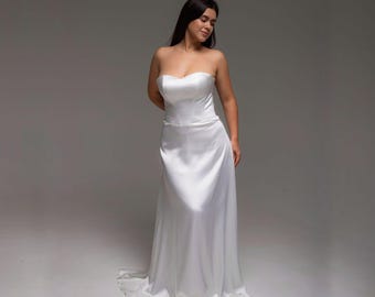 Modest Satin Wedding Dress, Strapless Bridesmaids Gown, Simple Ivory Wedding Dress, Elegant Bridal Look