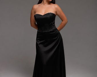 Vestido de novia de satén negro, vestido de novia sin tirantes con corsé, vestido de novia minimalista con cola, vestido de novia alternativo
