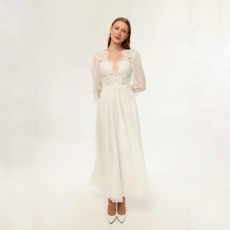 Fairy Lace Wedding Dress, Chiffon Bridal Gown, Modest Elven Maxi Dress Fairy Lace Wedding Dress, Chiffon Bridal Gown, Modest Elven Maxi Dress