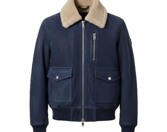 Handcrafted Genuine Blue Suede Leather Shearling Collar Bomber Jacket