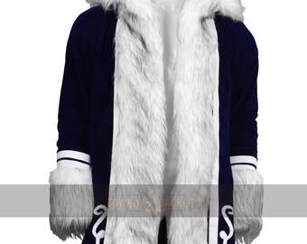 May include: A navy blue coat with white faux fur trim and accents. The coat features a large fur collar and cuffs, with white and black decorative patterns along the edges. The text "COWBOYS JACKETS" is visible on the coat.