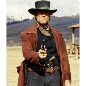 May include: A man in a black top hat and a long, reddish-brown coat, holding a gold-coloured revolver. He wears a black shirt, a brown scarf, and a leather belt with a holster. The background shows a field and mountains.