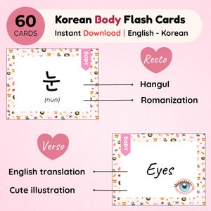 Könnte beinhalten: Rosa koreanische Körper-Lernkarten mit dem Text "60 Karten" und "Sofort-Download | Englisch - Koreanisch". Die Karten zeigen Hangul, Romanisierung und englische Übersetzungen. Eine Karte zeigt das Wort "Eyes" mit einer Augenillustration.