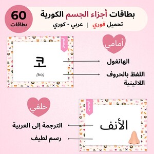 Learn 60 basic Korean BODY PARTS online Arabic Korean Printable flashcards pdf Study Beginner Korean vocab DOWNLOAD flashcard with pictures