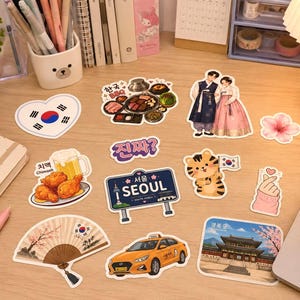 Pack de Stickers Seoul Corée du Sud Planche Stickers kawaii culture coréenne Korean food stickers Journal scrapbooking Cadeau fan K-culture