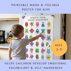 May include: A children's poster titled "What's Your Mood Monster?" with illustrations of various emotions represented by cartoon monsters. The poster is designed for ages 3-11 and aids in developing emotional vocabulary and self-awareness in children.