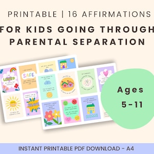 Op de afbeelding: Printbare affirmaties voor kinderen van 5-11 jaar, ontworpen voor kinderen die een scheiding van de ouders doormaken. De kaarten bevatten kleurrijke illustraties en positieve boodschappen zoals "Ik ben geliefd" en "Ik ben veilig."