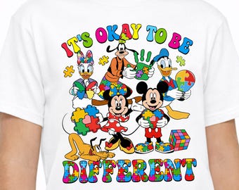 It's Okay To Be Different Shirt,Autism Awareness Mouse and Friends Tee,Neurodiversity Positive Message Tee,Colorful Puzzle Piece Graphic Tee